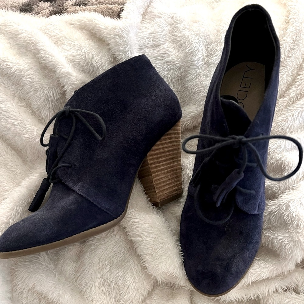 Sole Society blue suede bootie with tassel laces